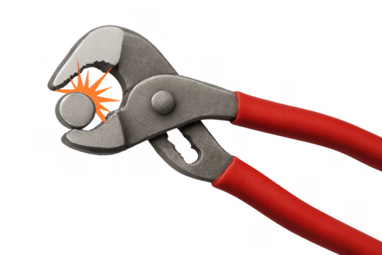 Adjustable pliers with red handles gripping a metal object, creating an orange spark, on a transparent background