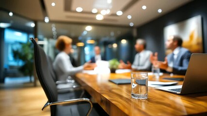 Defocused business-attired workers with focused sleek meeting room design and warm professional lighting clearly visible, with copy space