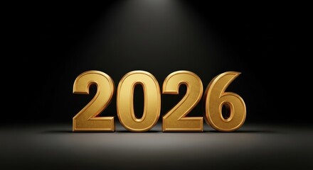 Golden 2026 year against black, spotlight above, celebratory mood