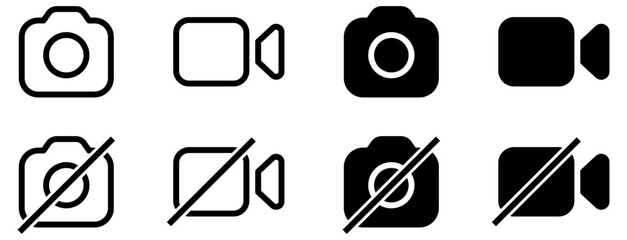 Camera and video icons with on/active and off/muted states in outline and filled styles, including muted versions, perfect for media controls and app interfaces.