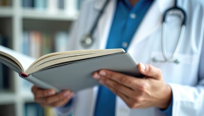 Close up photo of doctor reading book. Medical professional in white coat study textbook. Physician examines journal in hospital library. Healthcare worker training in clinic.