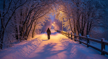 Distant person walking on snowy path between snow-covered trees and fence, illuminated by lamplight, representing solitude, journey, winter season
