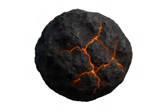 Volcanic rock with glowing molten lava cracks, illustrating meteor core, cosmic impact, and planetary creation with transparent background