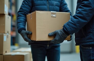 Workers in a cold storage warehouse handle a parcel. They prepare to move goods into freezing storage. Logistics and distribution of merchandise.
