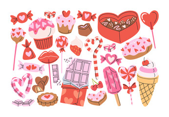 Delicious Valentines day sweets and treats like chocolates, candies, and lollipops hand drawn set