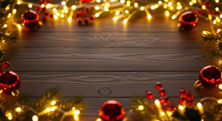 Warm christmas lights and ornaments frame a rustic wooden surface