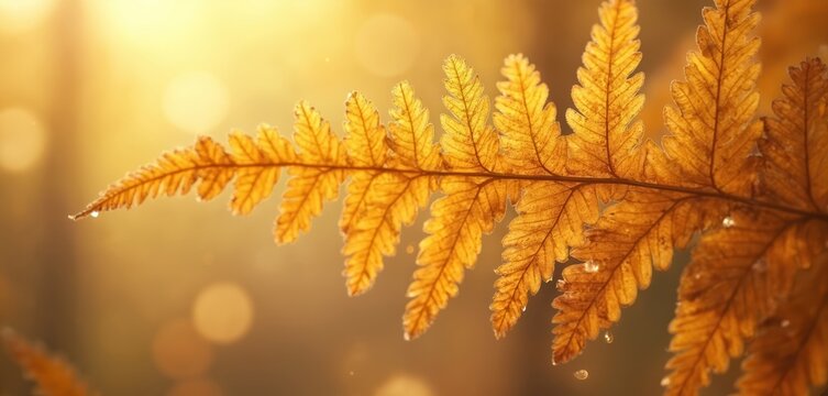Closeup of dry fern leaf in golden autumn hue. Soft light with bokeh highlights creates warm, natural background. Water droplets cling to delicate leaf edges, adding detail to organic texture for