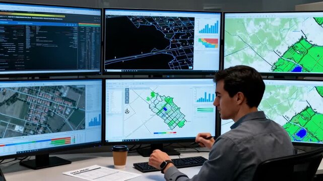 Medium shot of an analyst crossreferencing land use and demographic maps on multiple monitors applying spatial analysis for sustainable development strategies.