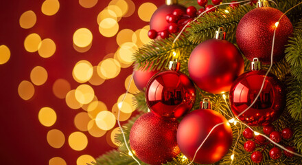 Close up of a decorated christmas tree with red ornaments and bokeh lights