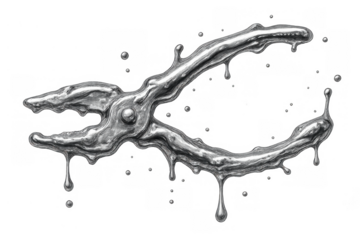 Pliers melting liquid silver metal and dripping forming a surreal tool symbol dissolving with transparent background