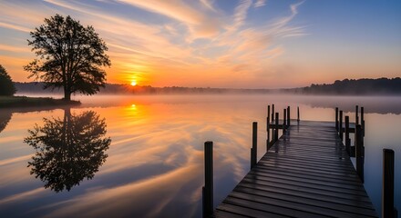 A breathtaking sunrise paints the sky with vibrant hues over a serene, misty lake, featuring a solitary tree reflected in calm water, with a rustic wooden pier
