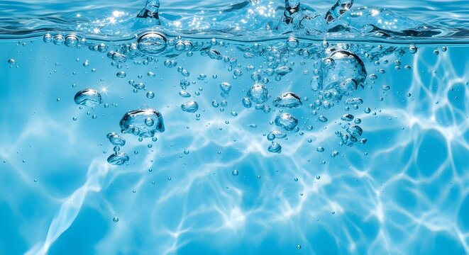 Closeup view of clear blue water with numerous rising bubbles and shimmering light reflections on the surface, creating a refreshing and dynamic aquatic scene - Powered by Adobe