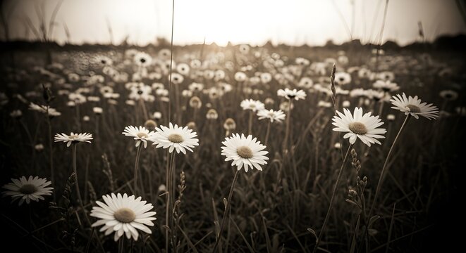 A tranquil sepia toned field of delicate white daisies blooming under the soft, warm light of a distant sunset, evoking a nostalgic and peaceful vintage landscape