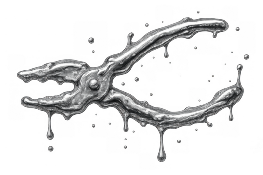 Pliers melting liquid silver metal and dripping forming a surreal tool symbol dissolving with transparent background