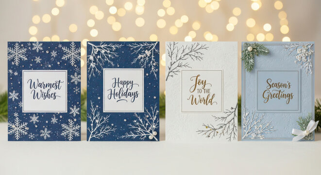 Four elegant winter themed holiday cards with snowflake designs