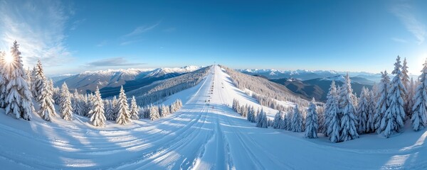 Wide winter mountain panorama features snow covered fir trees along ski slope leading to ski lift station. Clear blue sky on sunny day. Serene snowy landscape offers peaceful scene.