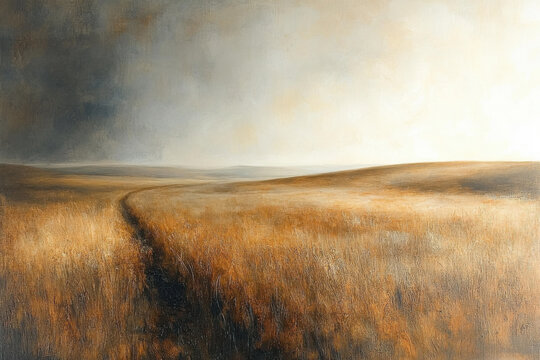 Semi-Abstract Landscape with Distant Horizon and Path Through Golden Grassland