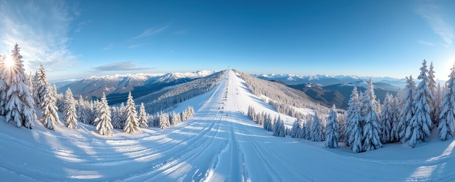 Wide winter mountain panorama features snow covered fir trees along ski slope leading to ski lift station. Clear blue sky on sunny day. Serene snowy landscape offers peaceful scene.