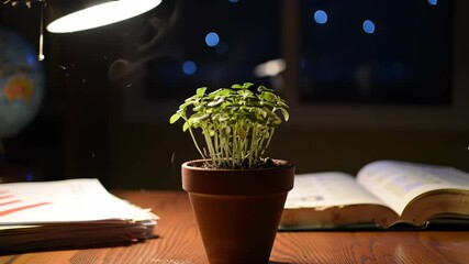 Teacher Lifestyle: Dedicated late-night studying at a warm, academic desk, featuring a globe, open book, and vibrant plant under a glowing lamp for preparation and learning.