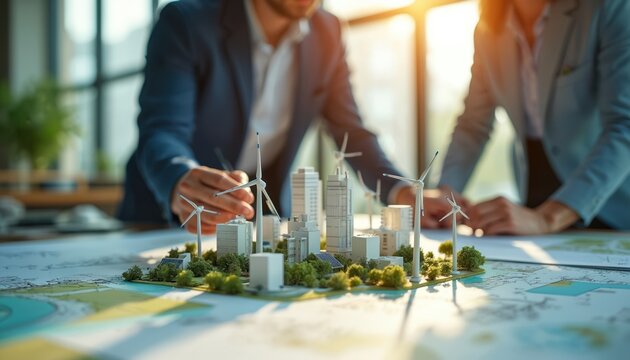 Engineers collaborate on sustainable city design. Analyze model featuring wind turbines solar panels. Professionals discuss energy efficiency urban planning strategies for eco-friendly building