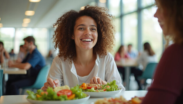 Smiling student eating salad in university campus. Young woman enjoy lunch at table. Happy girl has a healthy food meal in cafeteria with friend, talking.