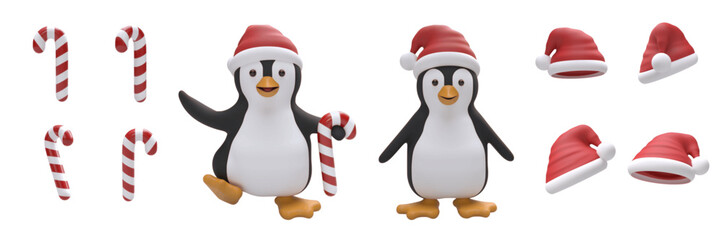 A cheerful Christmas 3D vector set featuring cute penguins, festive Santa hats and striped candy canes. The accessory pieces are shown from different angles, isolated on white.