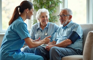 Doctor checks senior man, woman vital signs using blood pressure cuff. Medical staff gives thumbs up gesture showing positive health status, good results. Elderly couple relax at home receiving care.