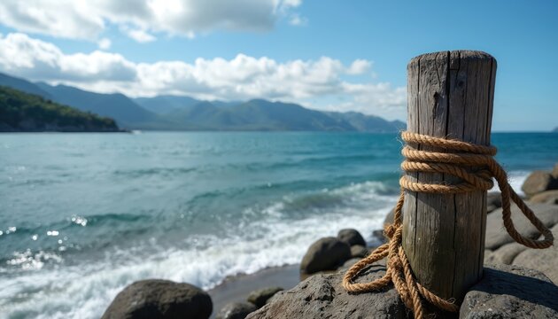 Close up photo shows weathered wooden post tied with rope on rocky shore. Waves crash at the ocean coastline. Mountains and blue sky make the background.