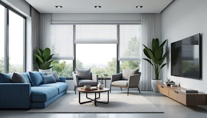 Fototapeta premium Modern living room features a blue sofa and grey chairs near large windows. A wall-mounted television and plants add style. The bright, airy space offers a calm, clean home interior.