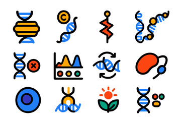 Epigenetics Icon Set. Flat vector icons of epigenetics: histone protein, methylation marker, acetylation tag, chromatin strand,