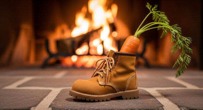 Childrens shoe and pepernoten for Sinterklaas and carrot for horse treat stands in front of hot fireplace. Celebration concept for children party in Saint Nicolas day five december.