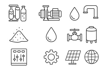 Desalination Process Icons. Line style icons of Desalination: Reverse Osmosis Plant, Pump, Filter, Pipe; Salt, Water Droplet,