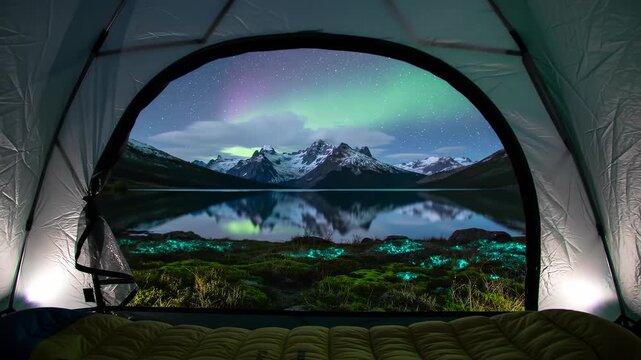 Tent view reveals aurora borealis illuminating majestic mountains, a reflective lake, and enchanting glowing moss under a starry night sky for an unforgettable camping experience in the wilderness