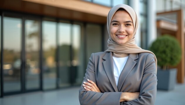 Smiling Muslim businesswoman wearing hijab and suit stands with folded arms outside modern office building. Pro woman represents success and modern Islamic lifestyle. She exudes confidence.