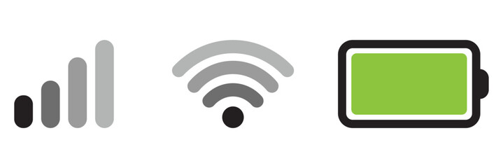 Phone bar status Icons. Battery, signal, wifi icons, simple design. Status bar icon phone signal wifi battery icon. iPhone ios notification bar battery wifi signal icons vector illustration.
