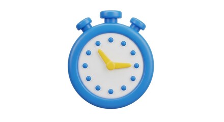A blue and white stopwatch with yellow hands isolated on white background, indicating time management and deadlines