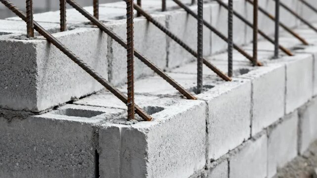 Medium shot of concrete block foundation wall with steel reinforcement bars protruding illustrating structural strengthening in construction.