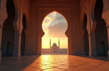 Mosque silhouette view from arch in building. Islamic religious building at sunset with dramatic sky background. Architecture interior with arabic style arches and marble floor at golden light.