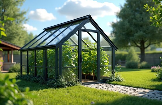 Modern greenhouse with lush green plants grows inside. A stone pathway leads to the structure on a sunny day. This structure is set in a vibrant, well-maintained garden with rich grass and trees. - Powered by Adobe