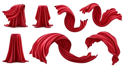 A set of elegant red silk fabric pieces draped over pedestals and flowing freely isolated on white background