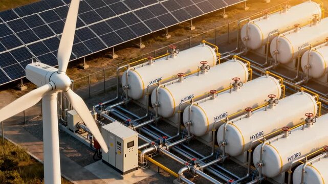 Medium shot of integrated renewable energy plant combining wind power and hydrogen storage tanks for efficient energy management.