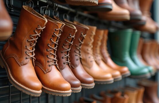 Rows of handcrafted leather boots displayed for sale. Various brown and tan lace up styles are visible alongside green rubber boots. Durable footwear for outdoor adventures and work.
