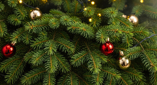 Close up of a decorated christmas tree with red and gold ornaments - Powered by Adobe