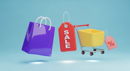 A vibrant 3d render showcasing a purple shopping bag, a sale tag, and a yellow shopping cart against a blue backdrop