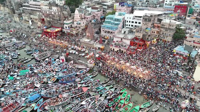 Aerial Drone View of Ganga Aarti Ceremony at Varanasi Ghats, India