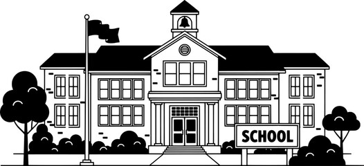 Obraz premium black and white line-art illustration of a school building for educational materials, infographics, and architectural design use