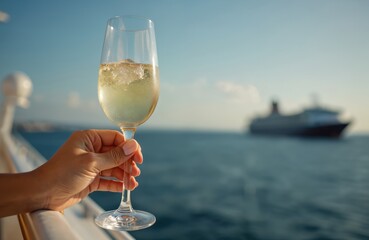 Obraz premium Hand holds glass of bubbly drink on cruise ship deck. Ocean and liner in background. Blue sky, calm water, vacation mood. Enjoying leisure time at sea.