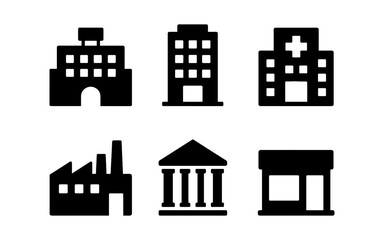 Obraz premium Essential building icons: hospital, factory, bank, and more in black silhouette style
