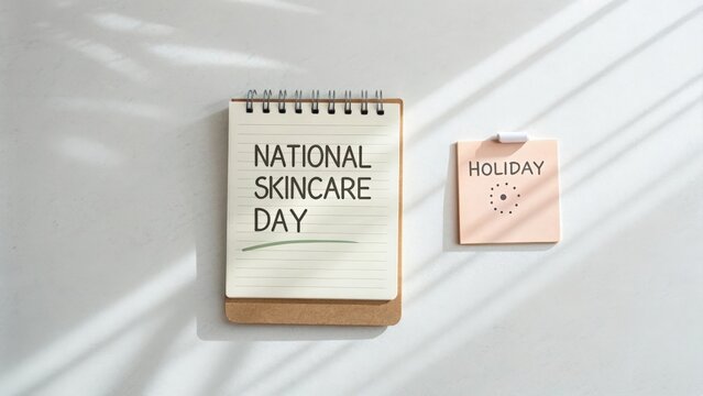 Minimal flatlay of notebook promoting National Skincare Day