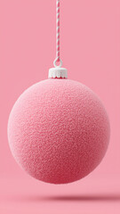 Playful and vibrant 3D render of a fluffy, textured pink Christmas ornament, hanging from a striped pink and white string against a solid pink background.